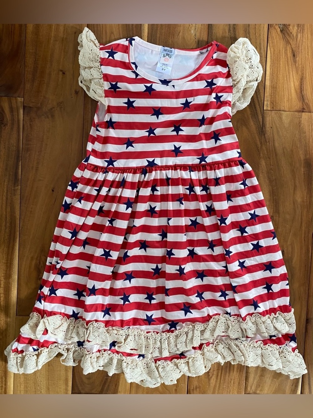 BMG Girls Red, White & Blue Star Striped Dress with Lace Trim Size 8Y